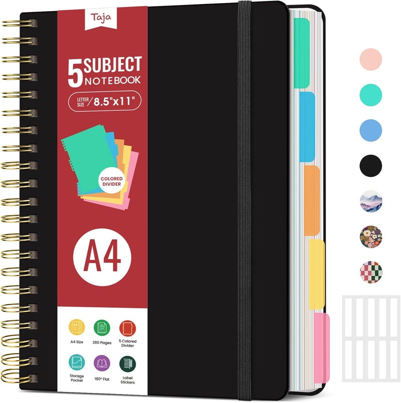 Taja Hardcover Spiral Journal Notebooks for Work With Removable Dividers & Tabs, 8.5"x11" 5 Subject Notebook for Note Taking & Organizer, A4 College Ruled Lined Journal for Women & Writing, Black, 280 Pages - Image 1
